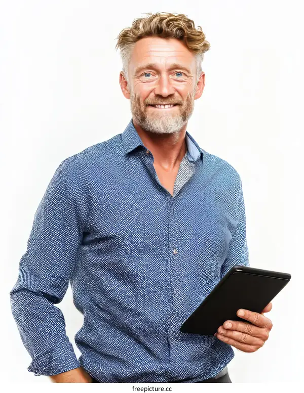 Confident Caucasian Male Holding Tablet