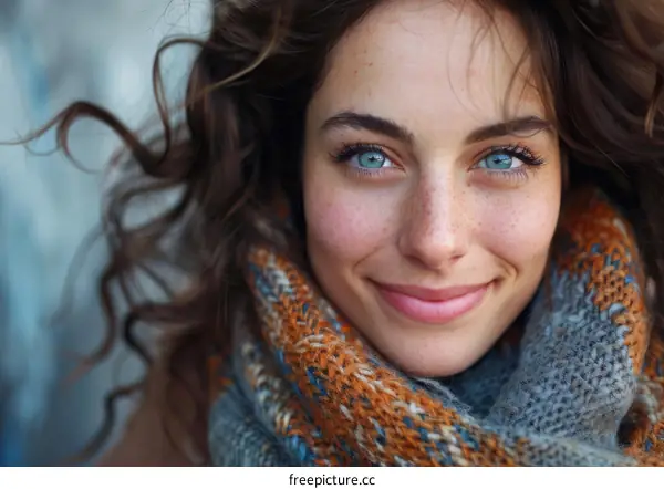 portrait of a beautiful young woman with blue eyes and curly hair