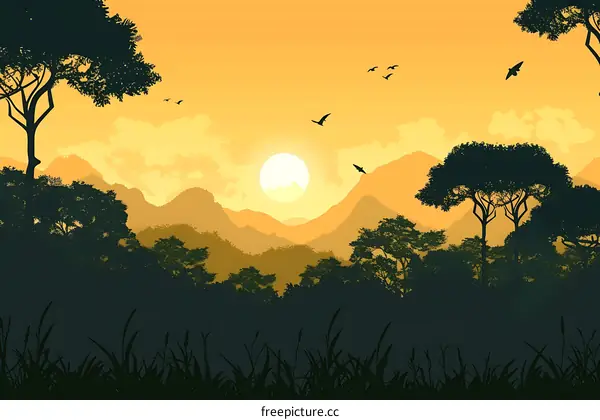 Sunset Silhouette Landscape with Birds Flying Over Mountains