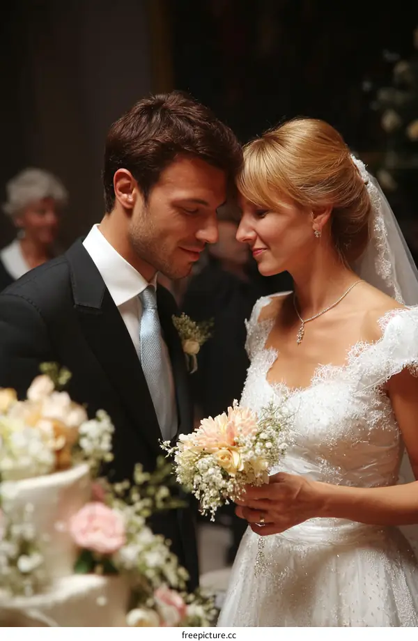 Couple Sharing Wedding Cake Moment
