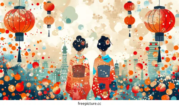 Two Women in Kimonos Admire a Cityscape with Lanterns