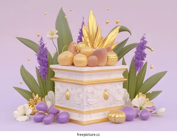 Golden Fruit and Flowers on a White Pedestal