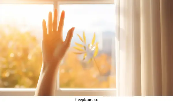 Hand reaching out to touch the sun shining through a window