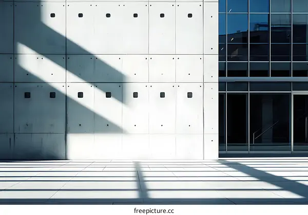 Modern Concrete Building with Glass Windows and Shadow Patterns