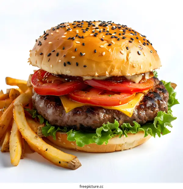 A cheeseburger with fries on a white background