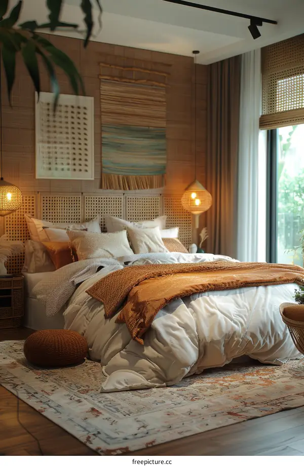 Bedroom Interior with Rug, Plants, and Window