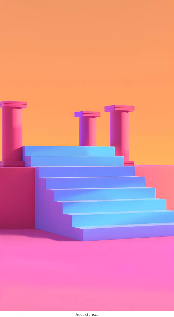 Abstract 3D Render of Pink and Blue Stairs with Pillars