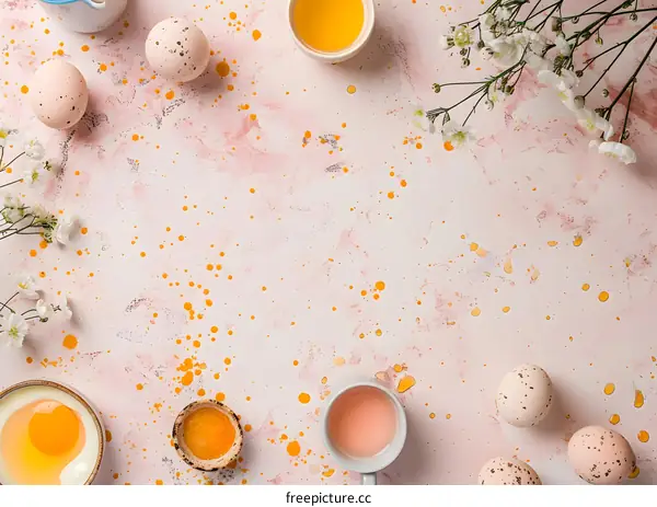 Easter Eggs On Pink Background With Flowers