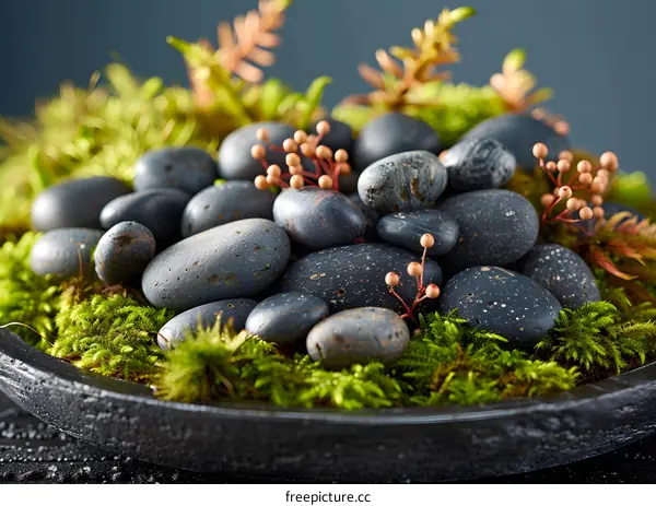 Zen Garden Arrangement with Stones, Moss and Small Flowers