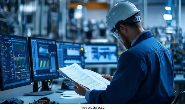 Engineer reviewing documents in a factory