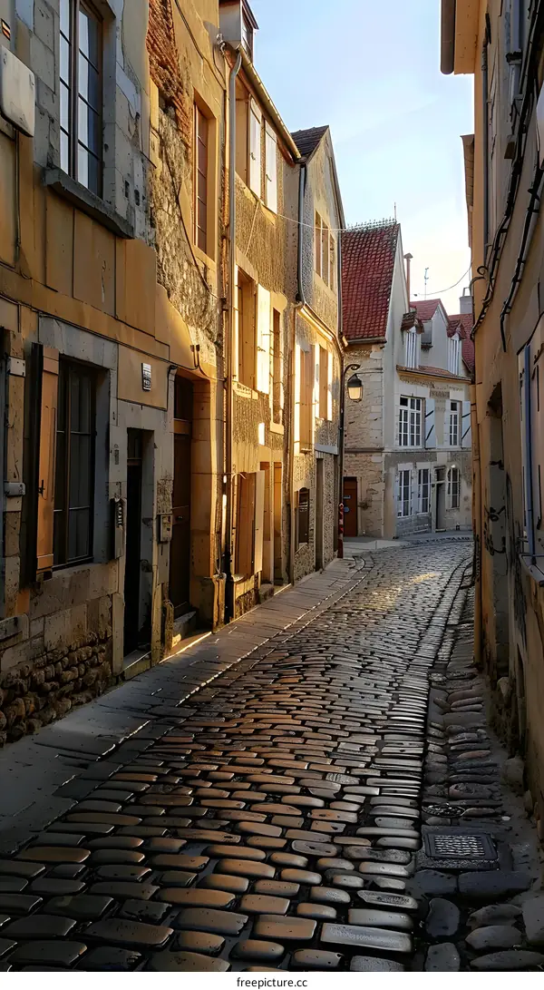 Cobblestone Street in European City During Sunset