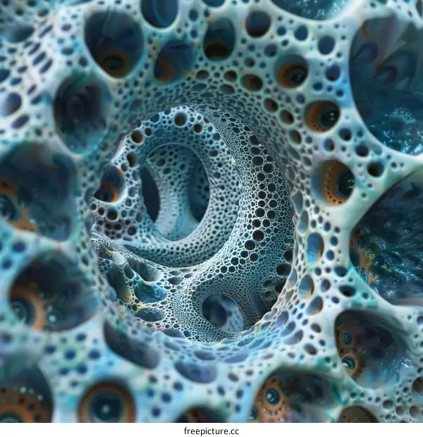 Blue 3D organic structure resembling a coral reef or a honeycomb under water