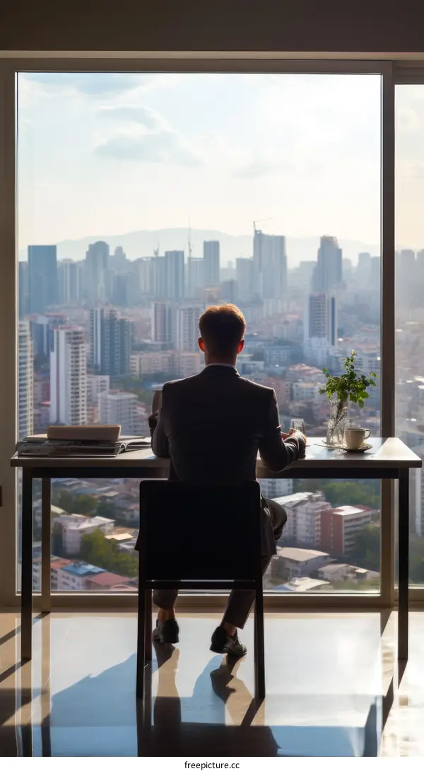 Businessman looking at cityscape from office window