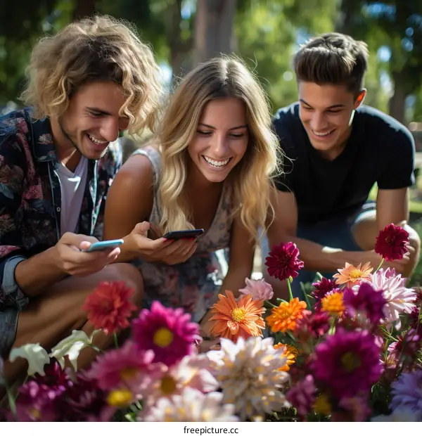 Three friends are looking at their phones in a garden full of flowers