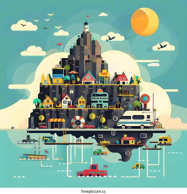 Colorful City on the Mountain Illustration