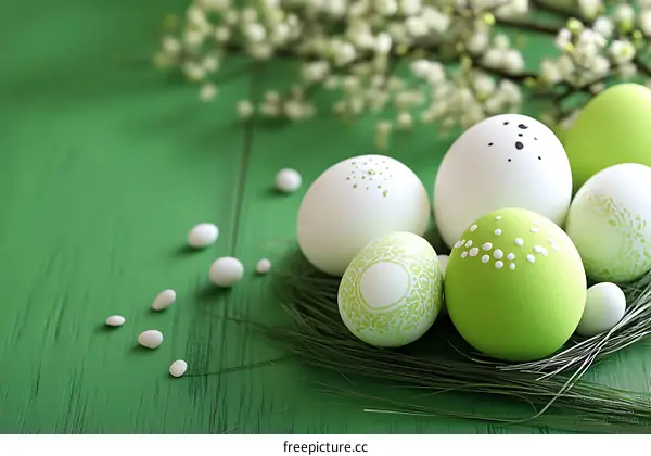 Easter Eggs Nest on Green Wooden Background