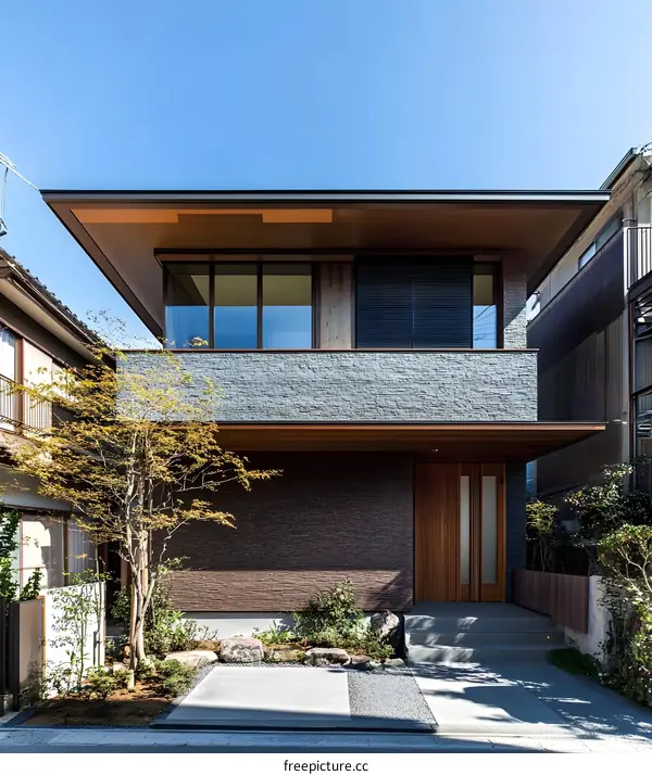 Modern Japanese House with Stone Facade and Wooden Doors