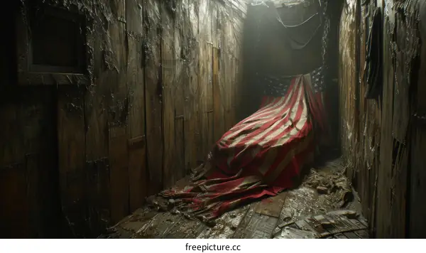 A tattered American flag lies on the floor of a wooden room.
