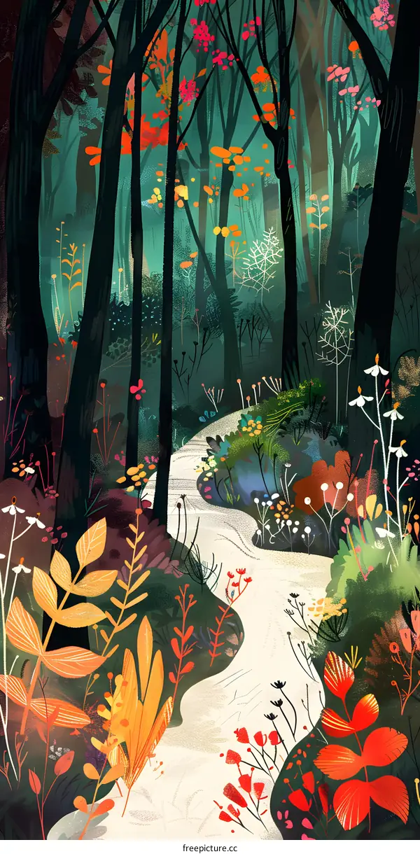 Abstract Illustration of a Forest Path With Colorful Leaves and Flowers