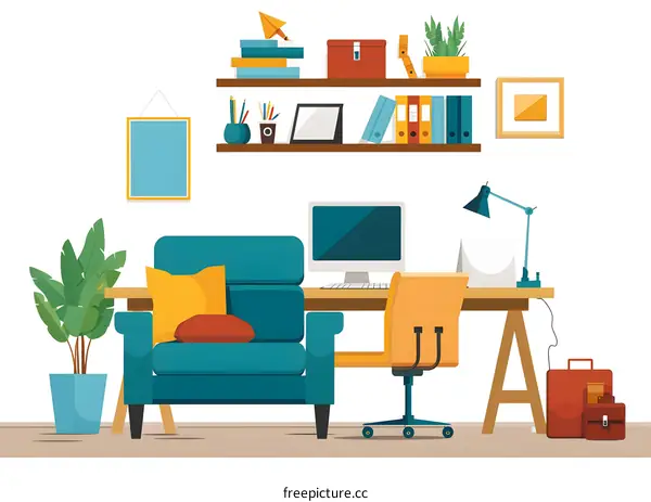 Modern Home Office Interior Design with Desk, Chair and Sofa