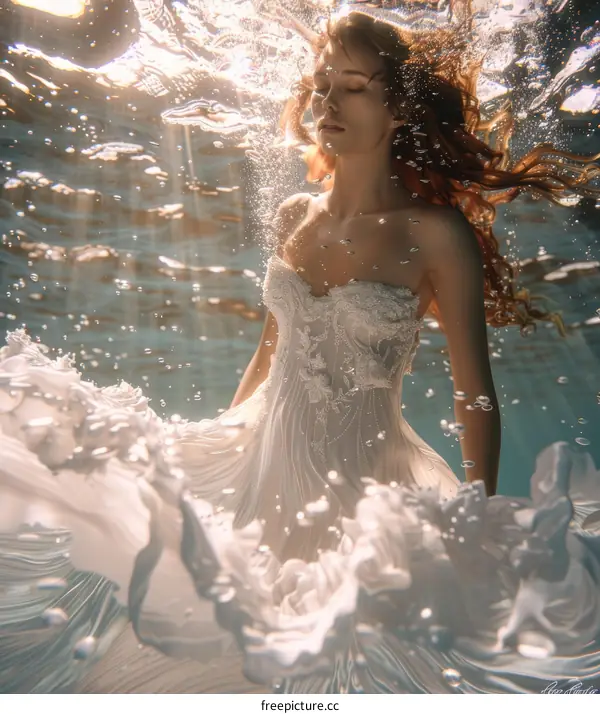 Graceful Underwater Bride in a Flowing White Dress