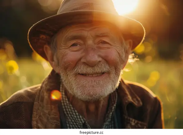 Smiling Elderly Man in a Field at Sunset