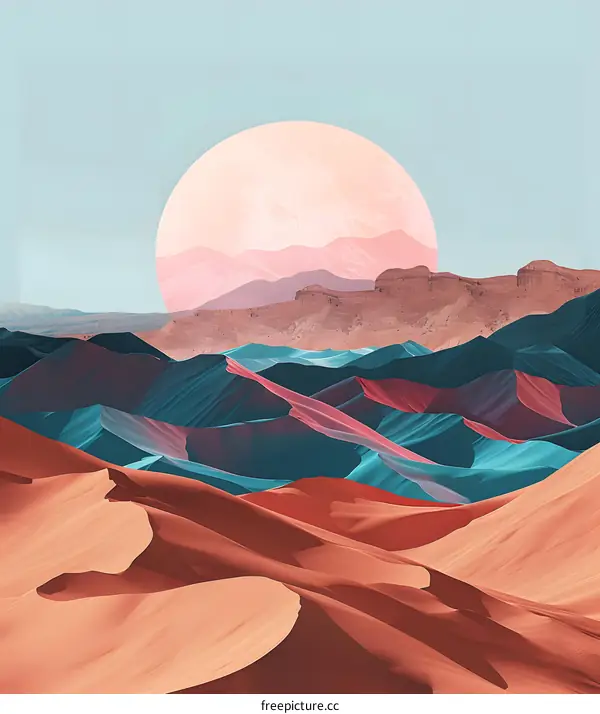 Abstract Desert Landscape with a Large Pink Sun