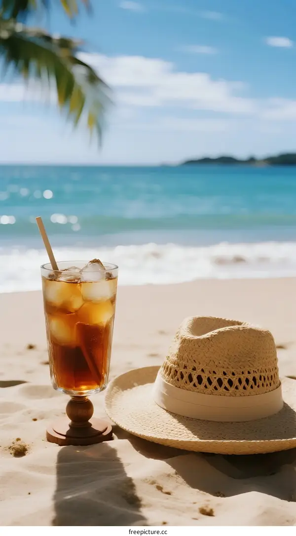 Summer Beach Scene with Refreshing Iced Drink and Straw Hat