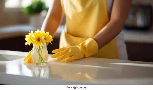 A woman wearing yellow gloves and apron cleaning the kitchen counter