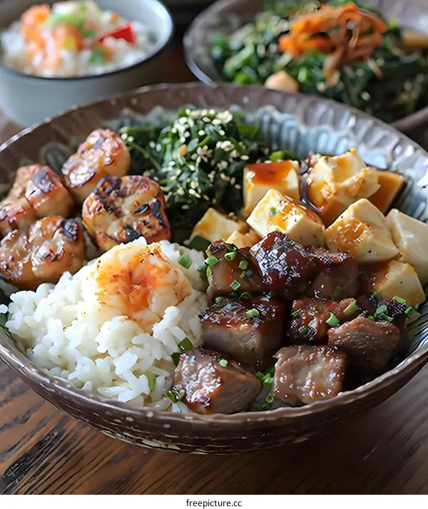 Japanese Food Bowl With Rice, Tofu, Shrimp, and Beef
