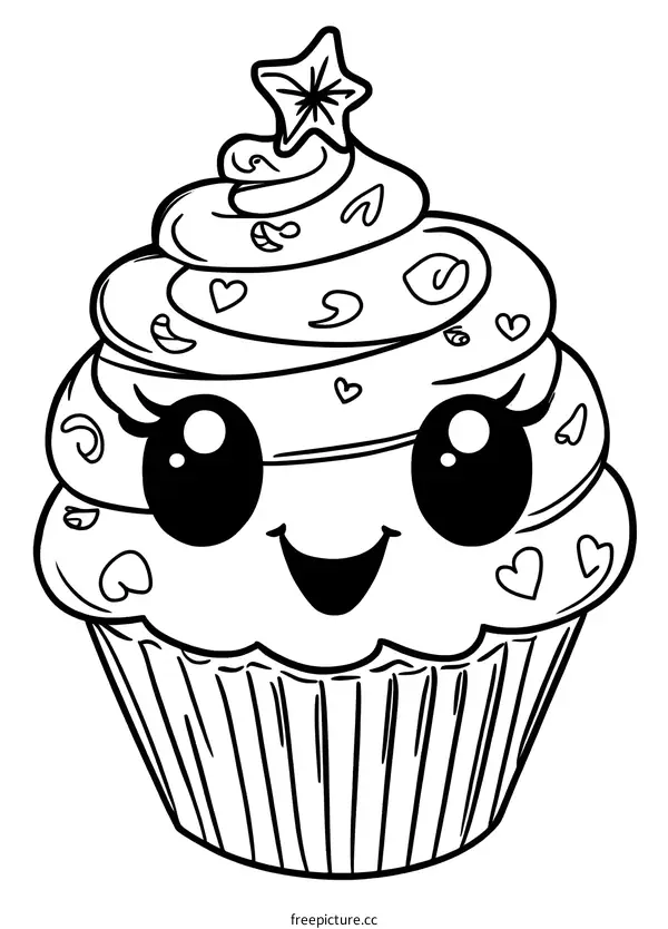 Cute Cupcake with a Star on Top Coloring Page