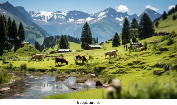 Grazing Cows in a Lush Green Alpine Meadow with Mountain Peaks in the Distance