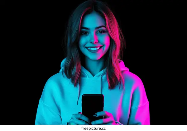 Teenage Girl with Smartphone in Neon Light
