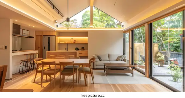 Modern Japanese Style Living Room With Wooden Floor And Large Windows