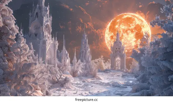 A Winter Wonderland of a Frozen Castle Under a Large Moon