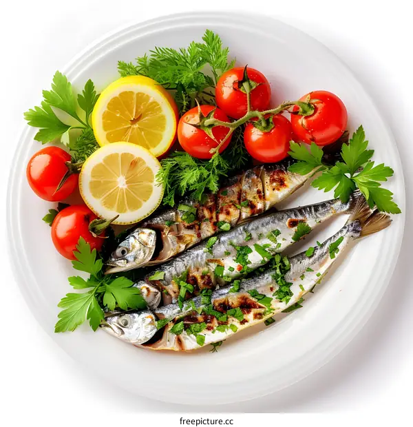 Grilled fish with lemon and tomatoes on plate
