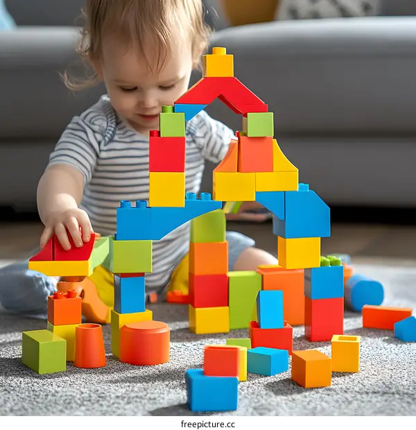 Toddler Playing With Colorful Building Blocks