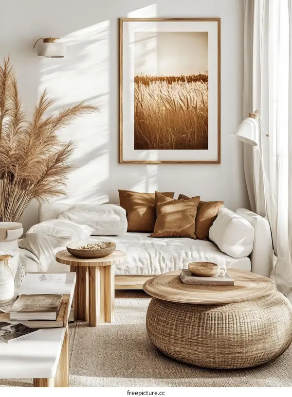 Bohemian Living Room Interior Featuring a Wheat Field Print