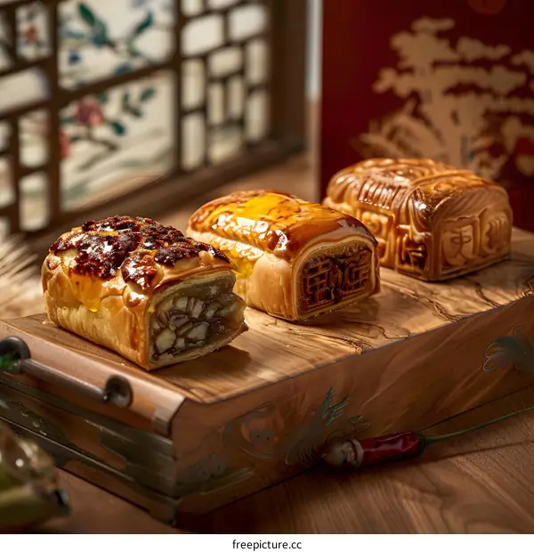 Chinese Mooncakes on Wooden Tray