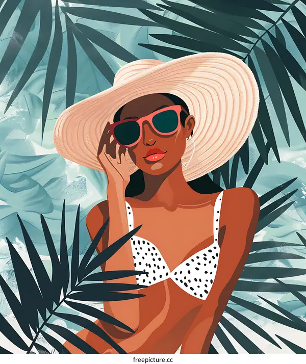 Summer Fashion Illustration of a Black Woman Wearing a Hat and Sunglasses