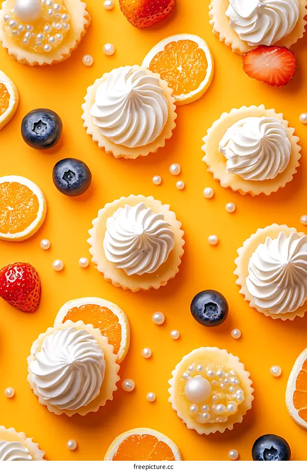Sweet Mini Cakes With Whipped Cream and Fruit