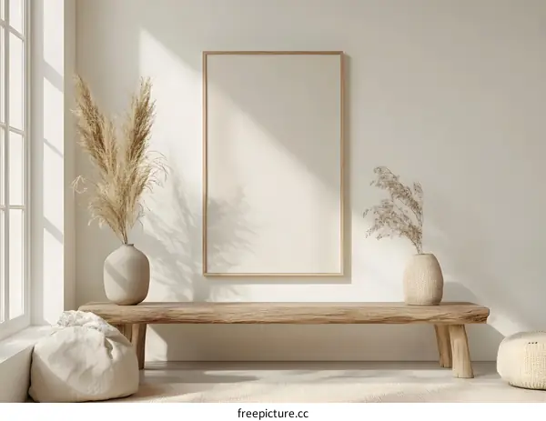 Minimalist Home Decor with Wooden Bench and Pampas Grass