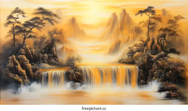 Golden Waterfall in Misty Mountains Landscape Painting