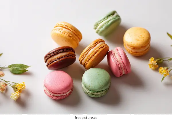 Colorful Macarons Dessert Arrangement on a Light Background