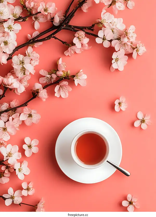 Pink Blossom Teacup Still Life with Peach Blossoms