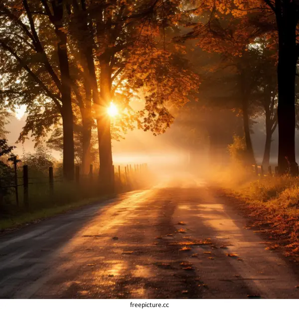 Country road in autumn with colorful trees and morning fog
