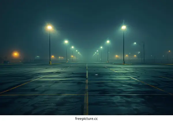 Empty Parking Lot at Night with Streetlights