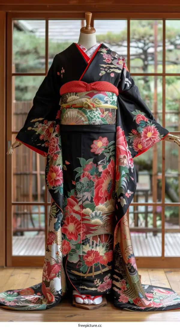 A woman wearing a black kimono with red and pink flowers.