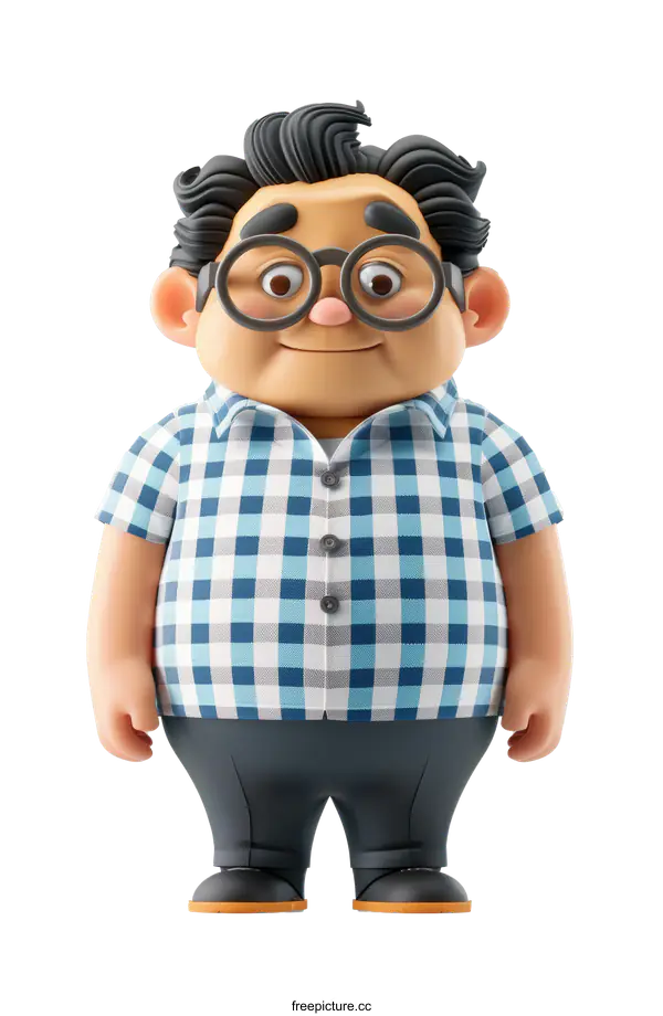 [Transparent Background PNG]3D Illustration of Man in Blue Plaid Shirt and Glasses