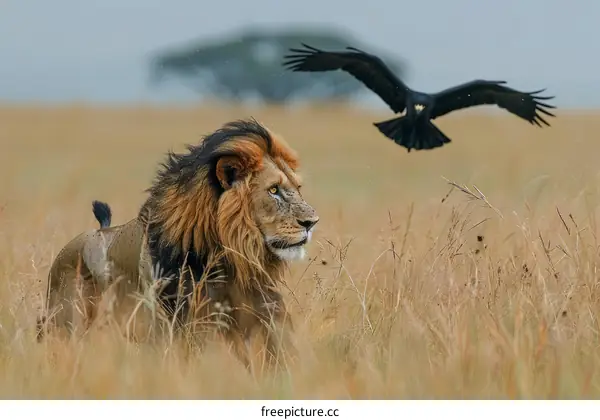 Lion and Crow in the African Savanna